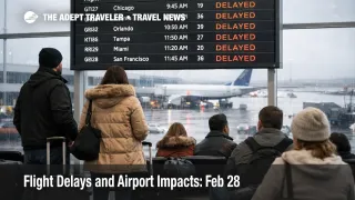 ALT text: Travelers wait under a departures board at JFK during U.S. flight delays Feb 28 amid low ceilings and snow risk