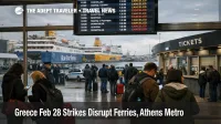 Port of Piraeus ferry terminal delays during Greece Feb 28 strikes, with docked ships and waiting travelers