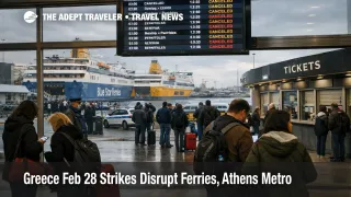 Port of Piraeus ferry terminal delays during Greece Feb 28 strikes, with docked ships and waiting travelers