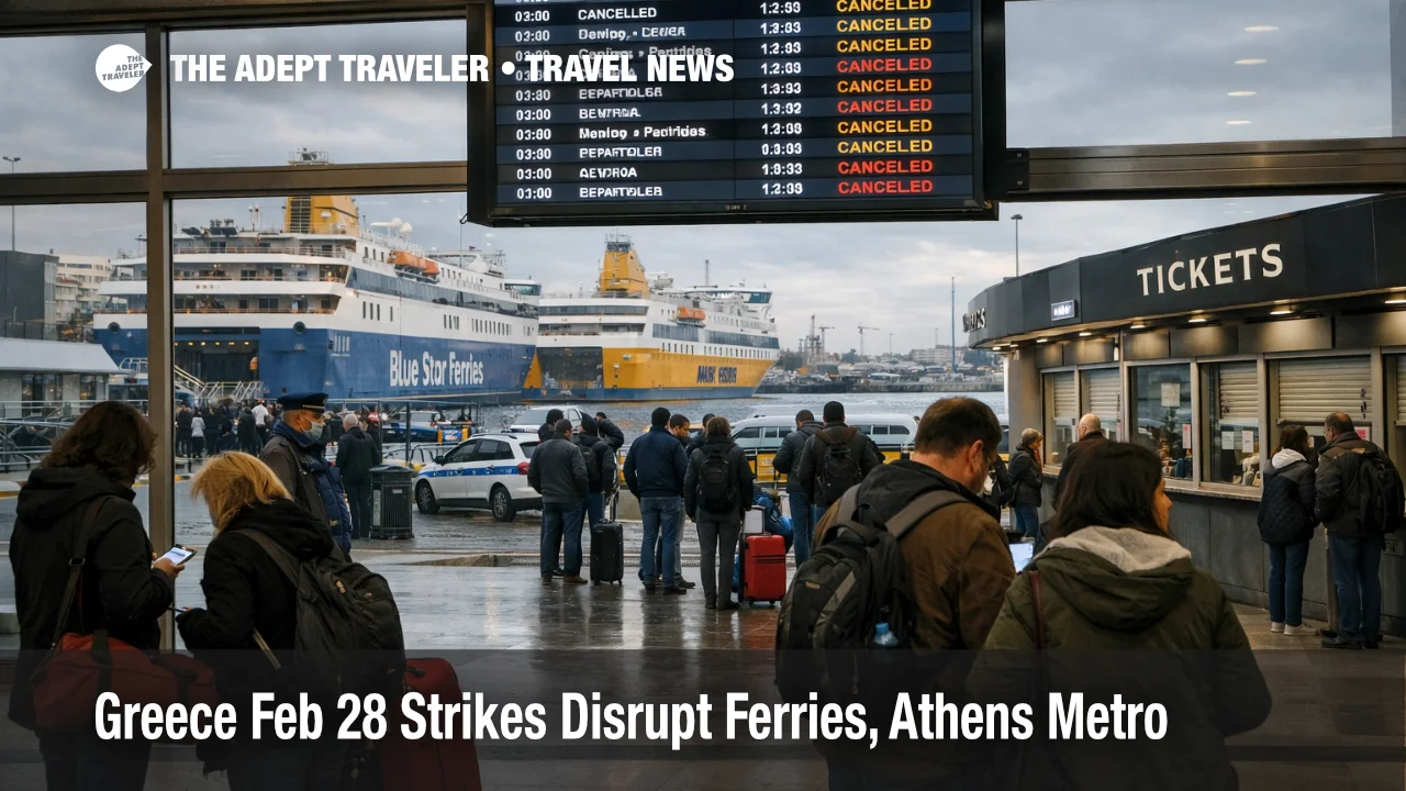 Port of Piraeus ferry terminal delays during Greece Feb 28 strikes, with docked ships and waiting travelers