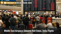 Middle East airspace closures shown by cancellations on Dubai International departures boards and waiting passengers