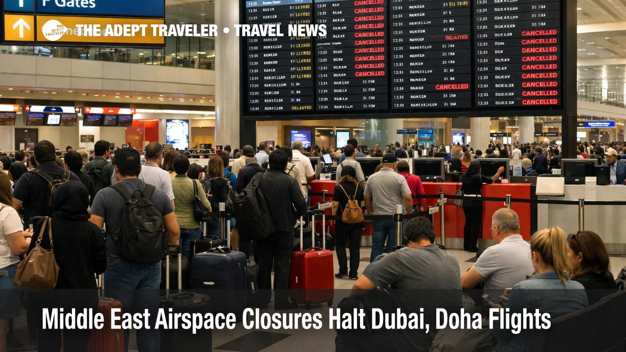 Middle East airspace closures shown by cancellations on Dubai International departures boards and waiting passengers