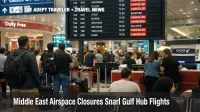 Middle East airspace closures force cancellations, travelers waiting under flight boards at Dubai International Airport