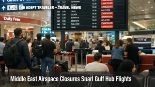 Middle East airspace closures force cancellations, travelers waiting under flight boards at Dubai International Airport