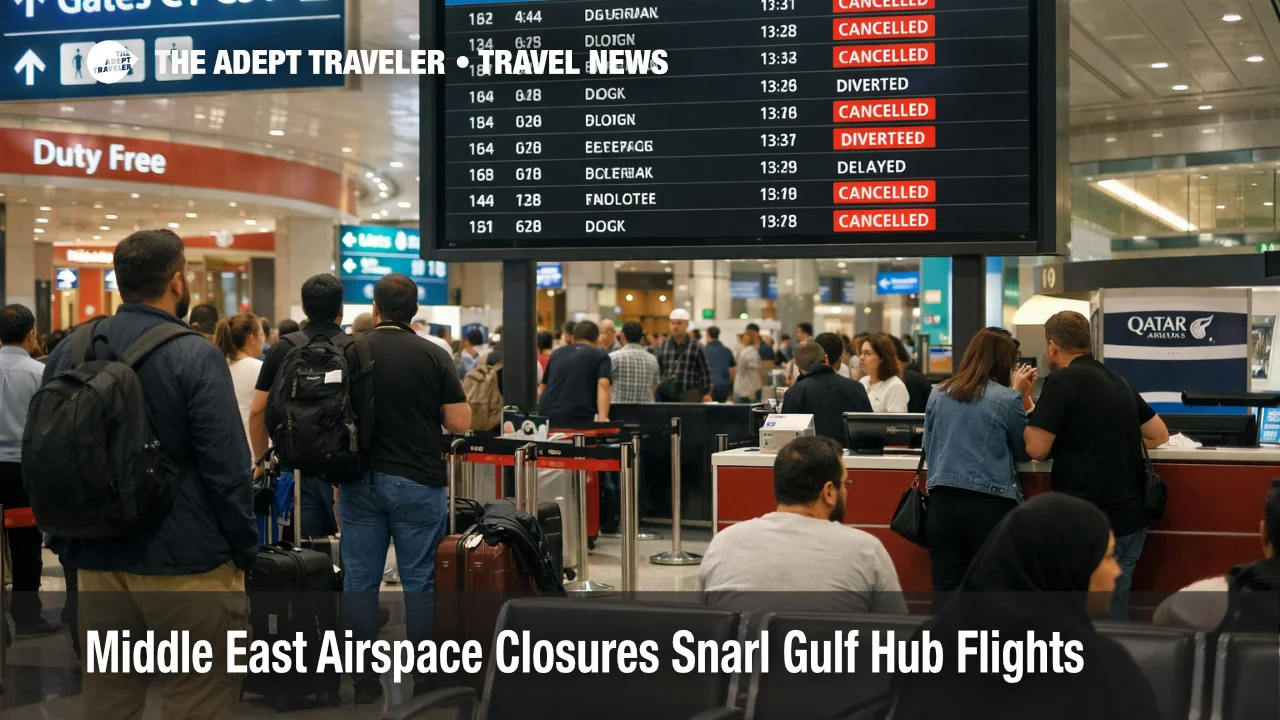 Middle East airspace closures force cancellations, travelers waiting under flight boards at Dubai International Airport