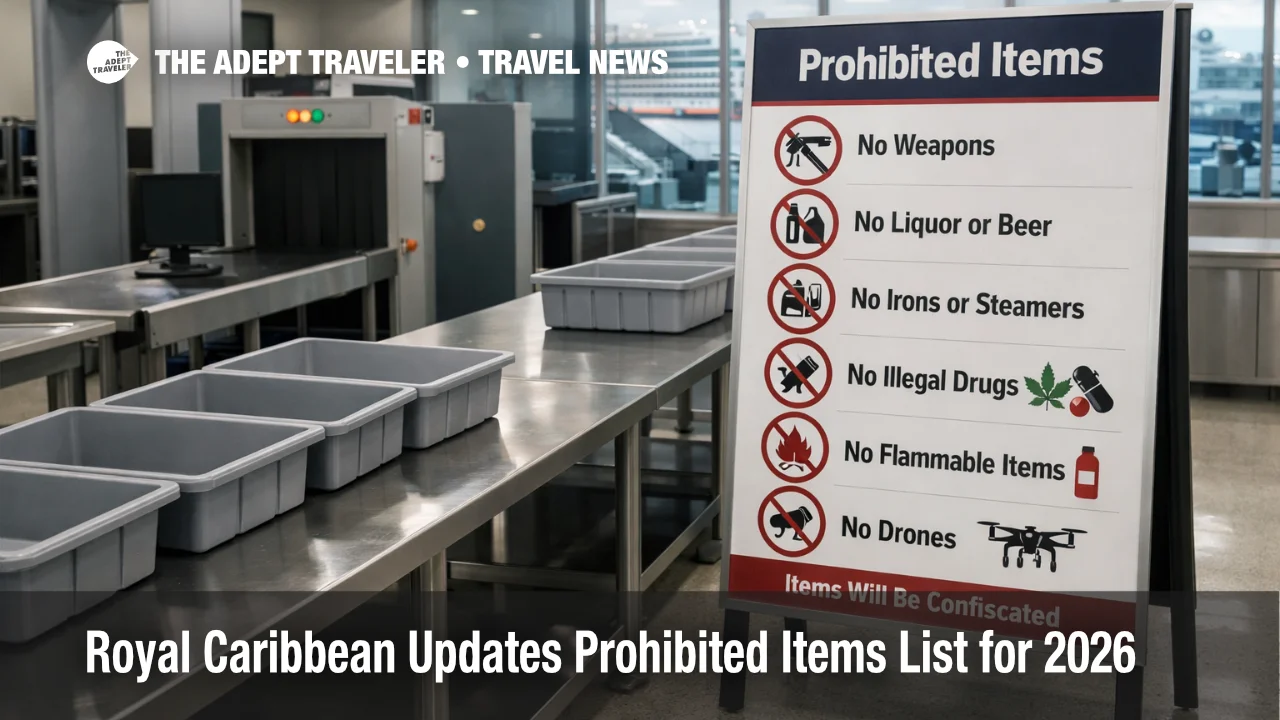 Royal Caribbean prohibited items list, cruise terminal screening tables and x ray lane show what gets stopped at embarkation