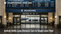 Amtrak long distance fleet replacement decision shown at Union Station boards, signaling a shift to universal single level cars