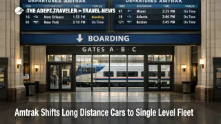 Amtrak long distance fleet replacement decision shown at Union Station boards, signaling a shift to universal single level cars