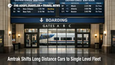 Amtrak long distance fleet replacement decision shown at Union Station boards, signaling a shift to universal single level cars