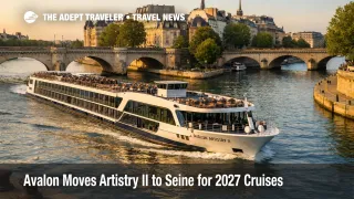 Avalon Seine cruises 2027, a river ship sailing past Paris bridges on the Seine, signaling added Paris and Normandy capacity