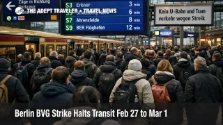 Crowded S Bahn platform during Berlin BVG warning strike, as weekend travelers reroute for BER airport transfers