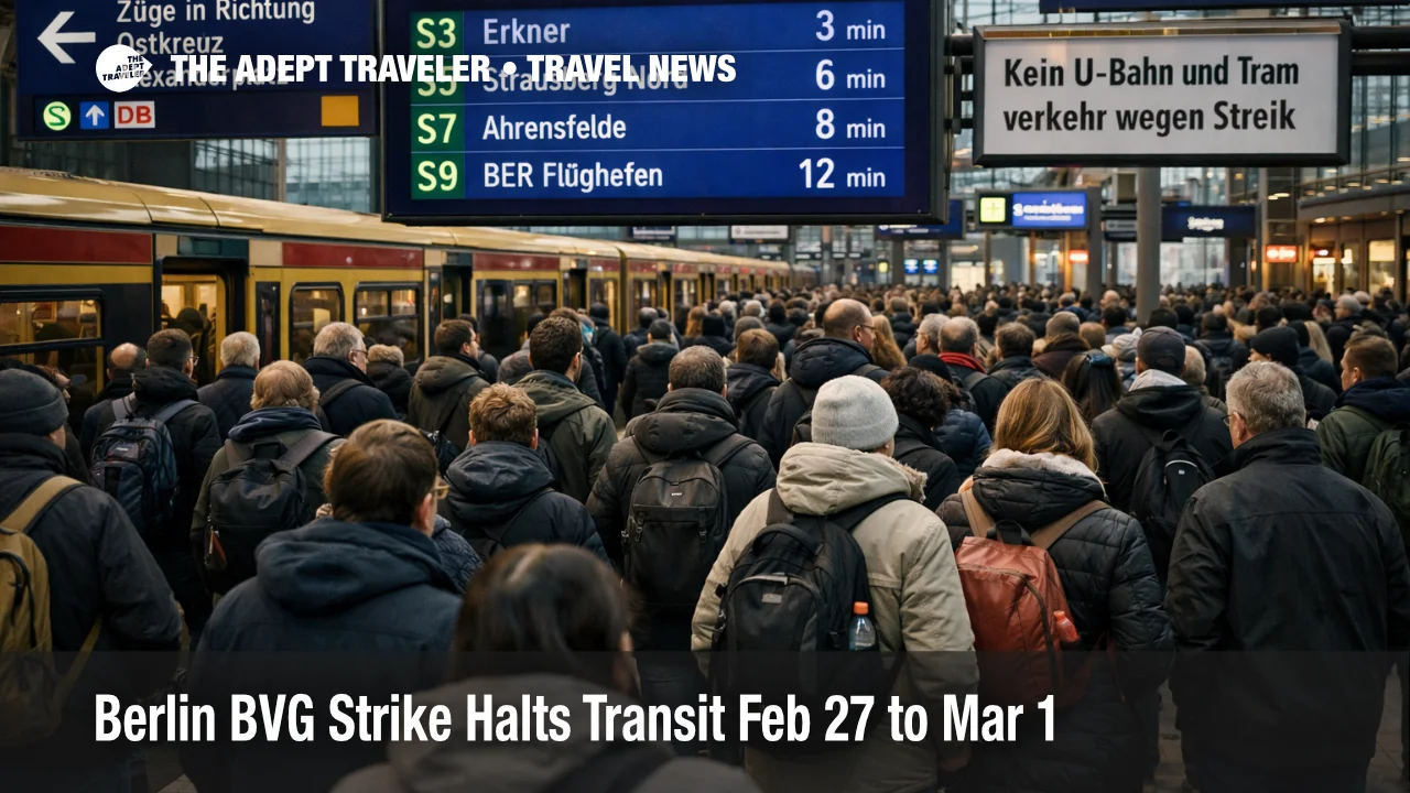 Crowded S Bahn platform during Berlin BVG warning strike, as weekend travelers reroute for BER airport transfers