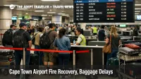 Cape Town airport fire recovery scene at CPT baggage claim, with manual processing queues and delayed luggage pickup