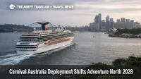 Carnival Australia ship deployment shift as a cruise ship departs Sydney Harbour under overcast skies in 2028