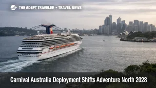 Carnival Australia ship deployment shift as a cruise ship departs Sydney Harbour under overcast skies in 2028