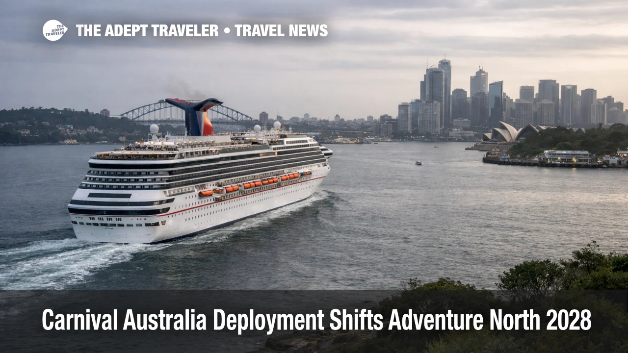 Carnival Australia ship deployment shift as a cruise ship departs Sydney Harbour under overcast skies in 2028