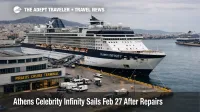 Celebrity Infinity Feb 27 sailing setup at Athens (Piraeus) port, ship docked with boarding infrastructure under overcast skies