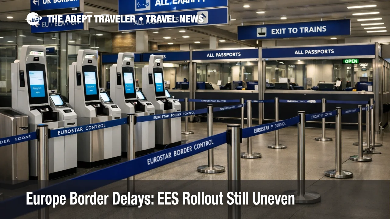 Europe EES border delays shown at St Pancras Eurostar kiosks, with queue lanes, booths, and border processing flow