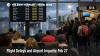 Feb 27 flight delays at Atlanta airport, travelers queue under stormy skies as departure boards show widespread delays