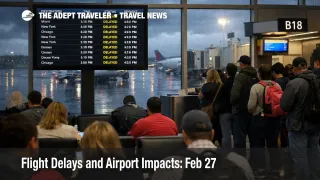 Feb 27 flight delays at Atlanta airport, travelers queue under stormy skies as departure boards show widespread delays