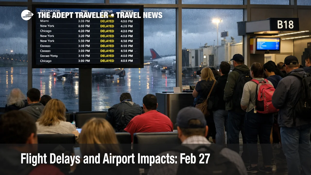 Feb 27 flight delays at Atlanta airport, travelers queue under stormy skies as departure boards show widespread delays