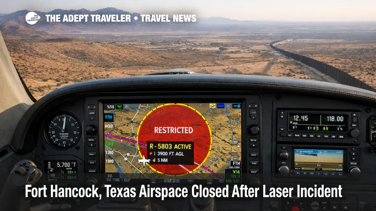 Cockpit map shows Fort Hancock Texas airspace closure zone, prompting a desert border corridor reroute for pilots