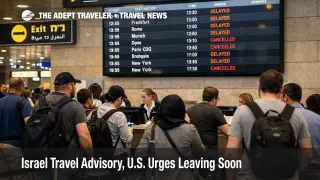 Israel travel advisory update shown by departure board delays and rebooking queues at Ben Gurion International Airport