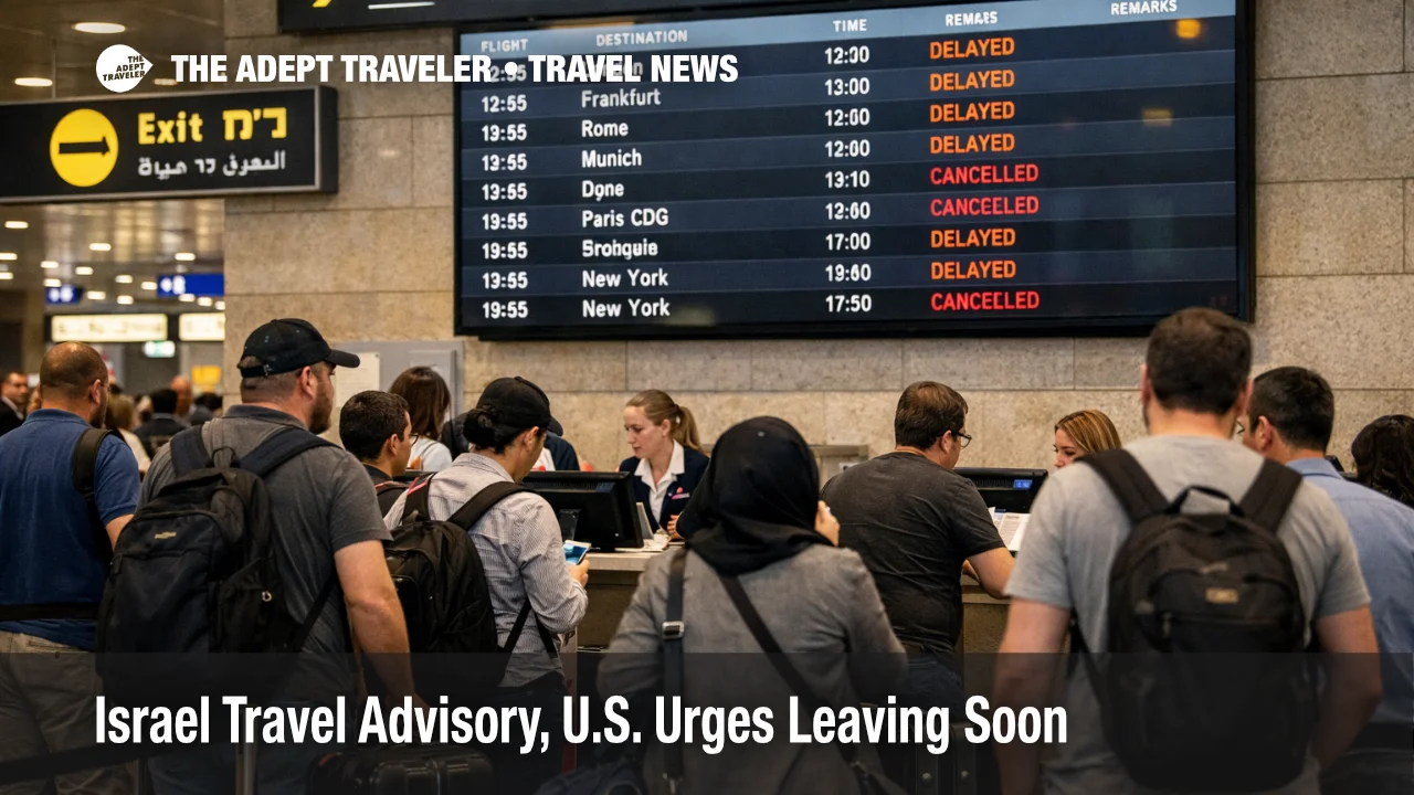 Israel travel advisory update shown by departure board delays and rebooking queues at Ben Gurion International Airport
