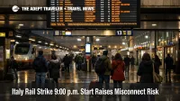 Italy rail strike start time risk shown on Roma Termini boards as late night travelers cluster for backups