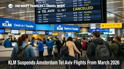 KLM Amsterdam Tel Aviv flights suspended shown on Schiphol departures board, with travelers queuing at KLM counters