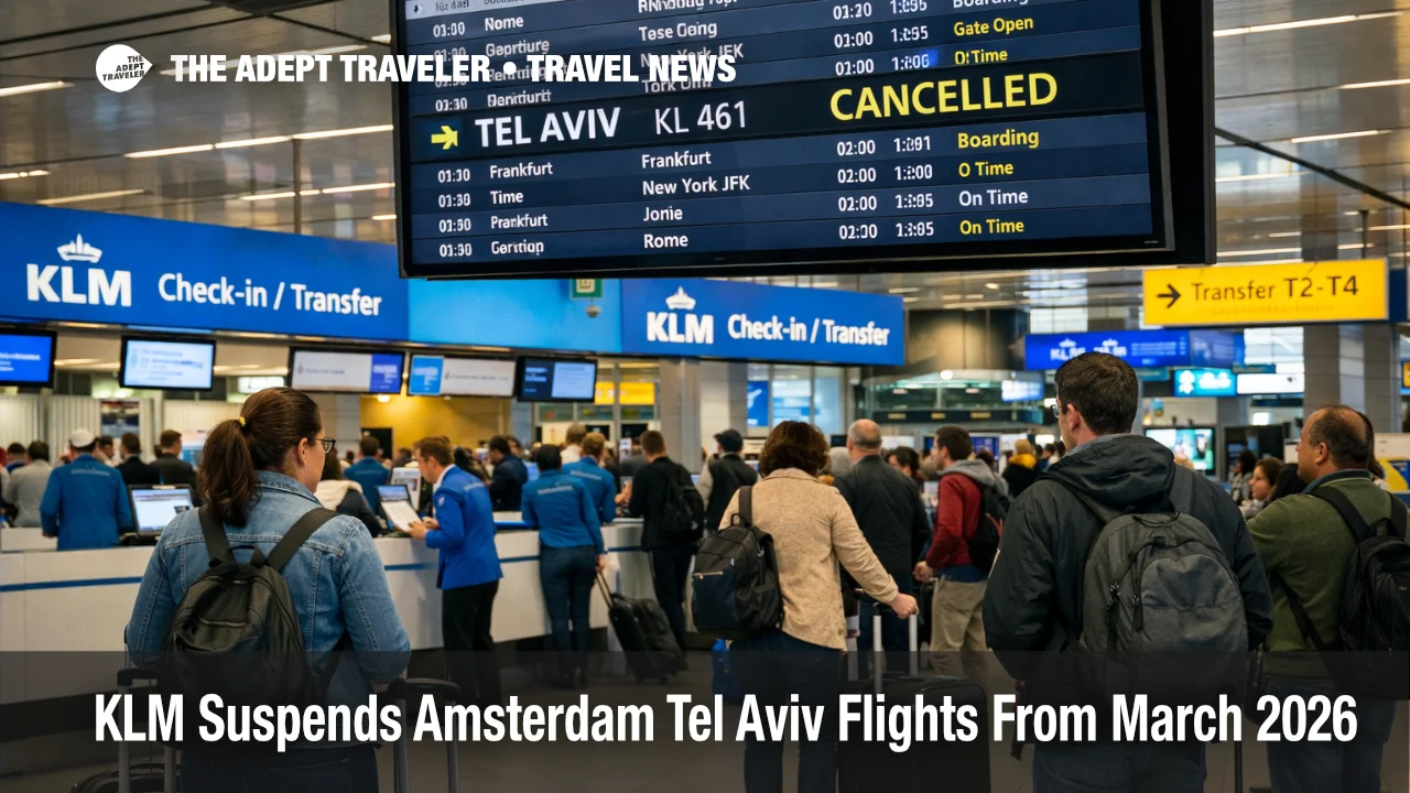 KLM Amsterdam Tel Aviv flights suspended shown on Schiphol departures board, with travelers queuing at KLM counters