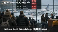 Winter Storm Hernando flight cancellations shown on BOS departures board as travelers wait near gates during recovery