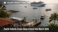 Puerto Vallarta cruise skips shown by a ship offshore with tender boats, highlighting Mexico Riviera itinerary reroutes