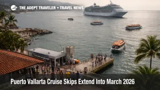 Puerto Vallarta cruise skips shown by a ship offshore with tender boats, highlighting Mexico Riviera itinerary reroutes