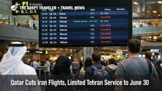 Departures board at Hamad shows Qatar Airways Iran flight cancellations, with limited Doha Tehran service and waiting passengers
