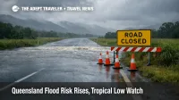 Queensland flood travel disruption on a rain soaked North Queensland highway with water over road and closures