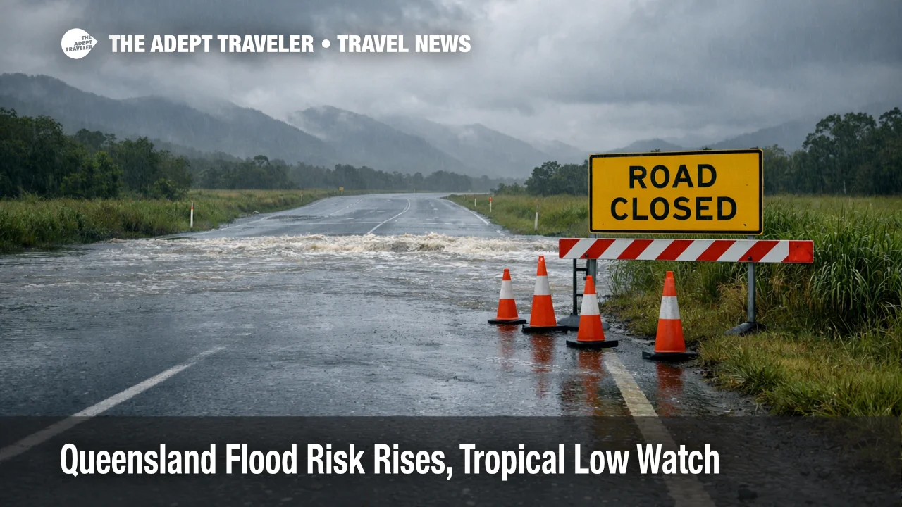 Queensland flood travel disruption on a rain soaked North Queensland highway with water over road and closures