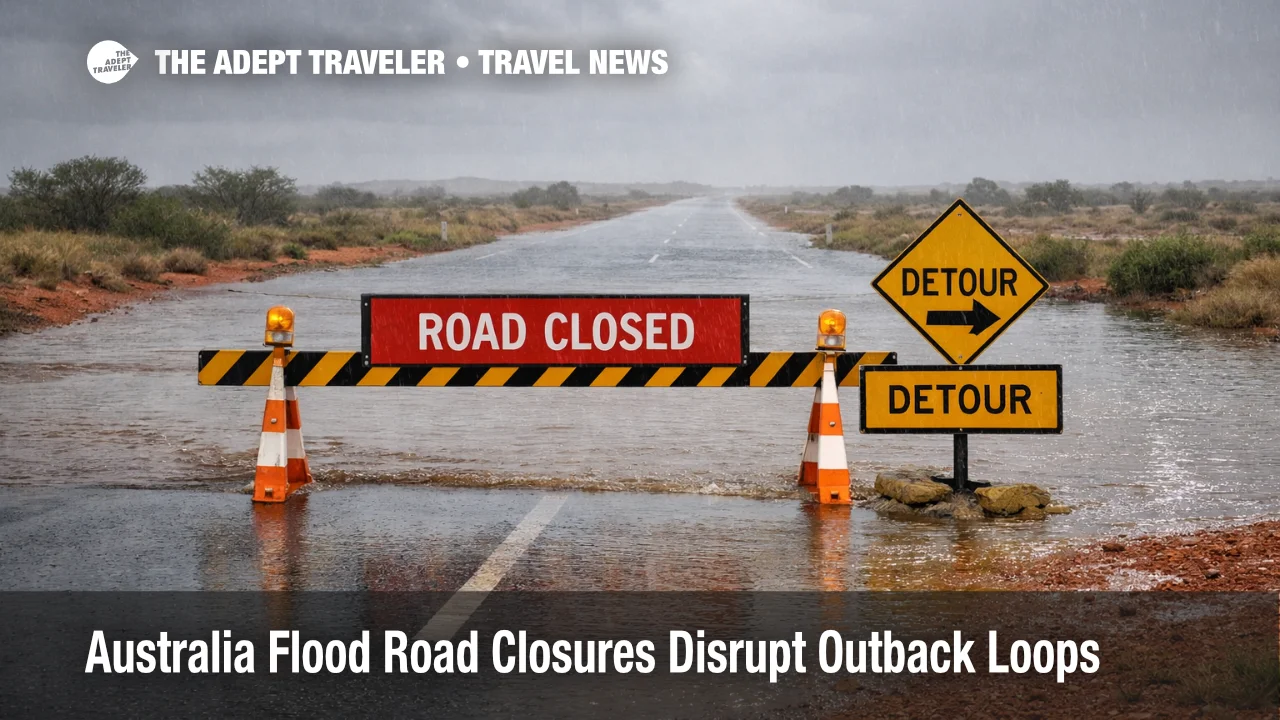 Australia flood road closures shown on an outback highway near Birdsville with water over road and a closure sign