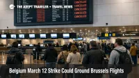 Belgium March 12 strike cues at Brussels Airport, with cancelled departures on the board and limited staffing in the hall