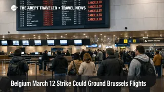 Belgium March 12 strike cues at Brussels Airport, with cancelled departures on the board and limited staffing in the hall