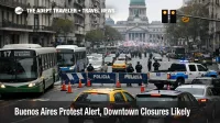 Buenos Aires downtown closures near Congress slow traffic and airport transfers, with barricades and detoured buses visible