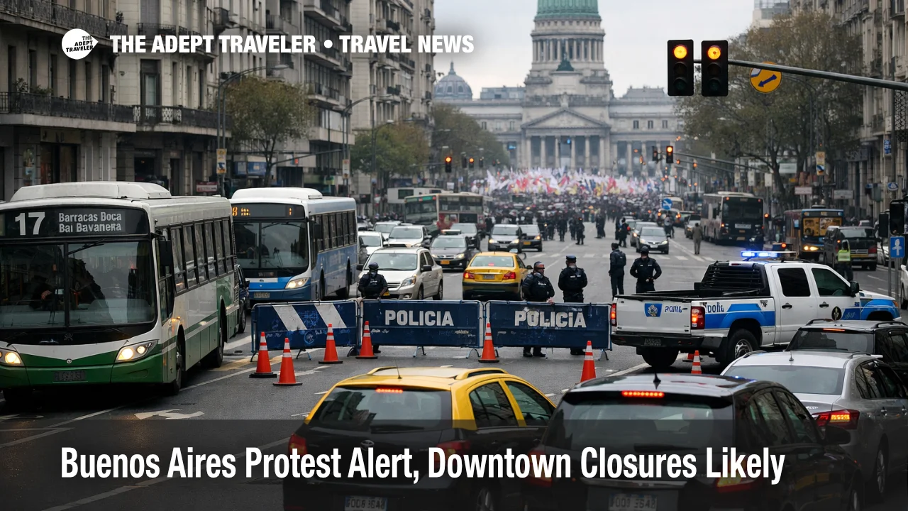 Buenos Aires downtown closures near Congress slow traffic and airport transfers, with barricades and detoured buses visible