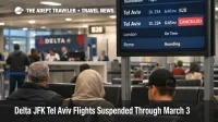 Delta JFK Tel Aviv suspension shown on JFK departure board as travelers wait near an international gate