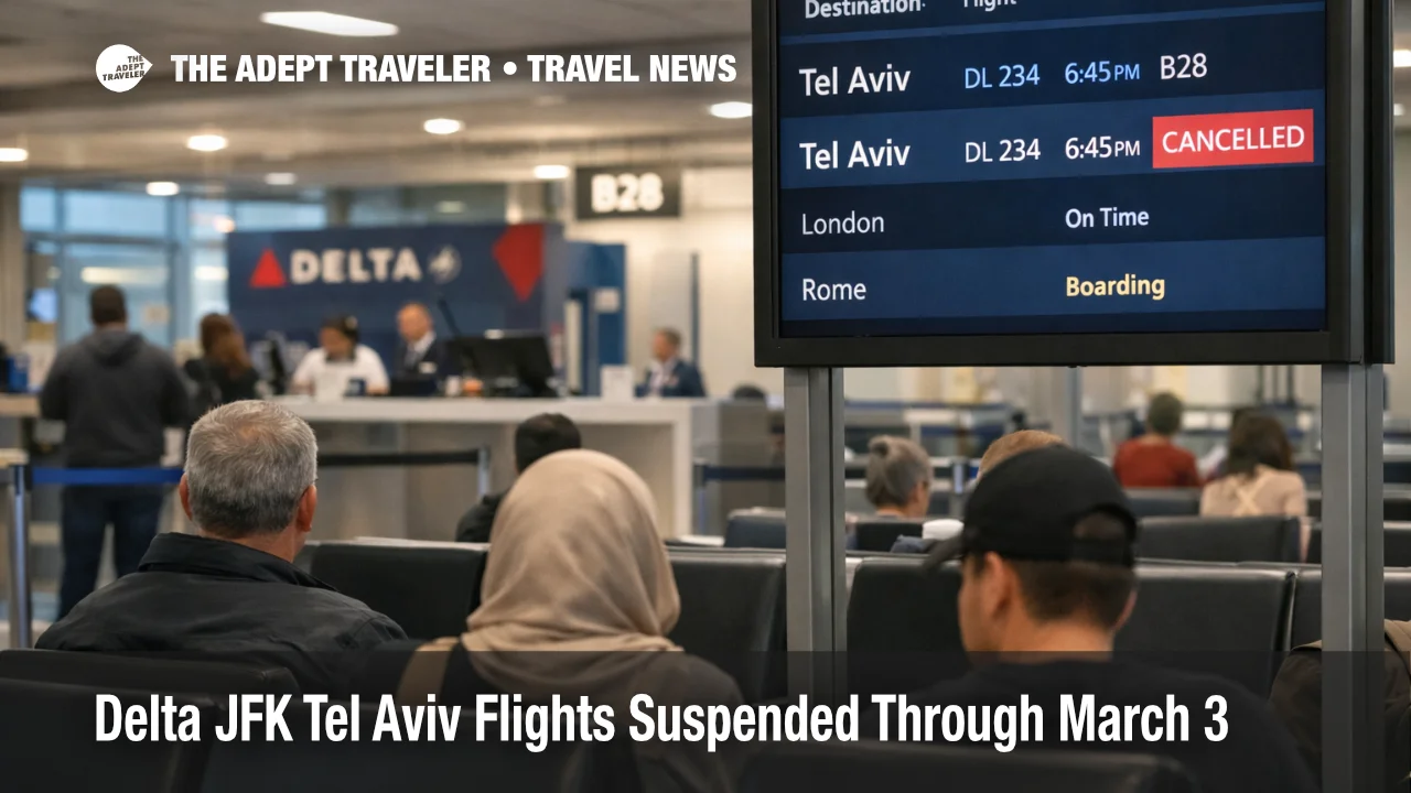 Delta JFK Tel Aviv suspension shown on JFK departure board as travelers wait near an international gate