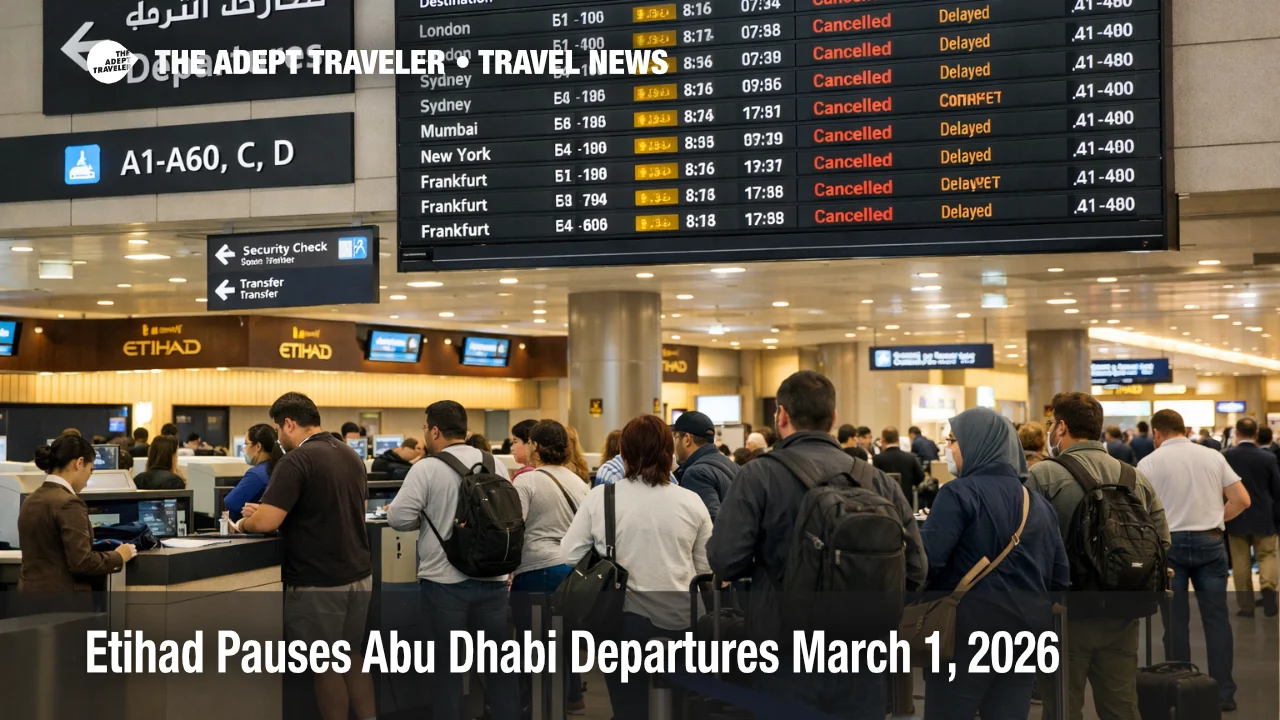 Etihad Abu Dhabi departures pause shown on AUH boards as travelers queue and connections become uncertain