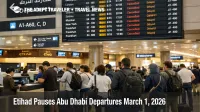 Etihad Abu Dhabi departures pause shown on AUH boards as travelers queue and connections become uncertain