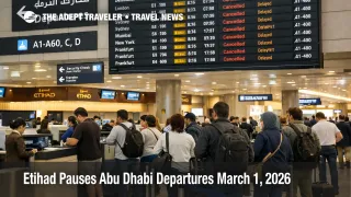 Etihad Abu Dhabi departures pause shown on AUH boards as travelers queue and connections become uncertain