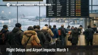 U.S. flight delays March 1, travelers queue at Boston Logan as snow and low ceilings slow departures