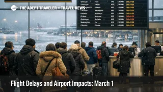 U.S. flight delays March 1, travelers queue at Boston Logan as snow and low ceilings slow departures