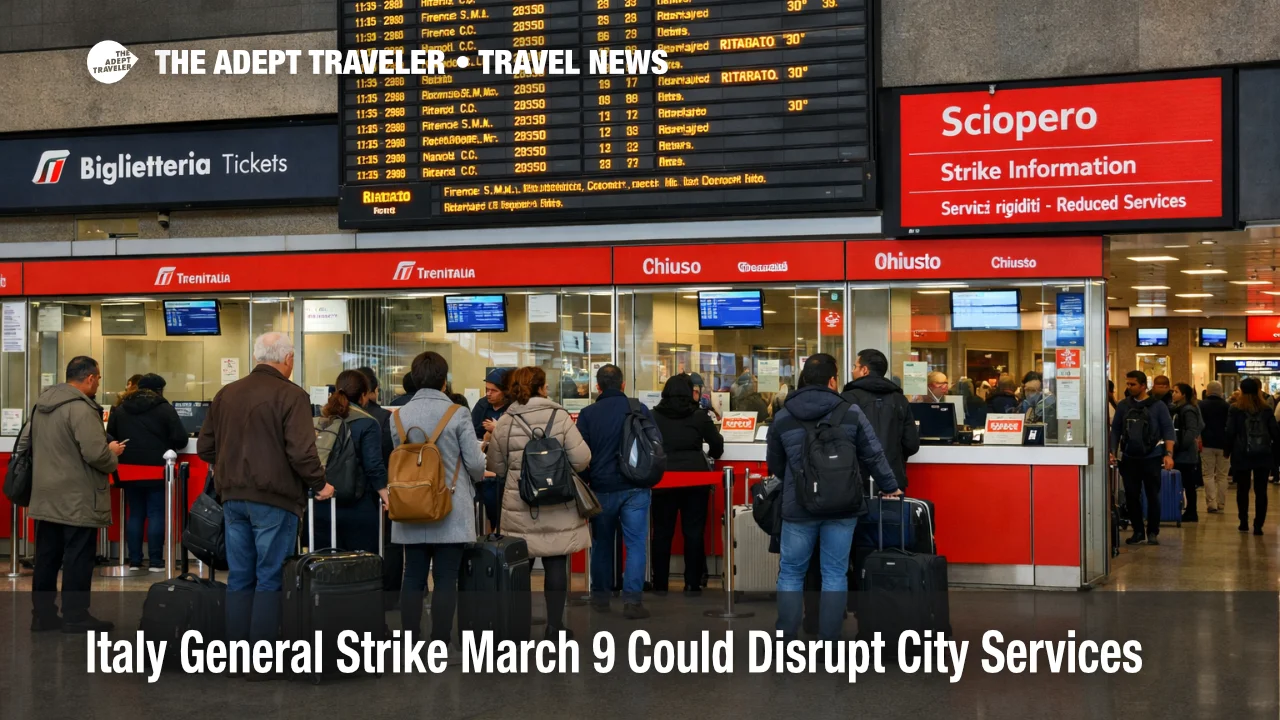 Italy general strike March 9 cues in Rome station, with limited counters, mild queues, and delay notices